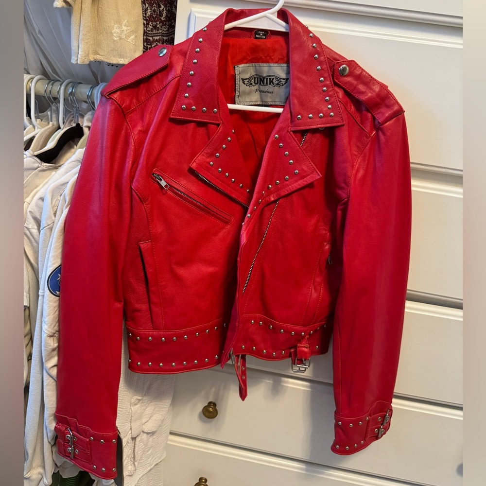 Unik Vibrant Red Leather Jacket with Studs
